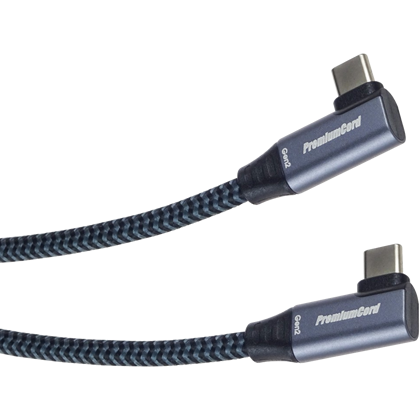 Kabel PremiumCord, zahnuté konektory 90° USB-C male, Aluminum, 2 m