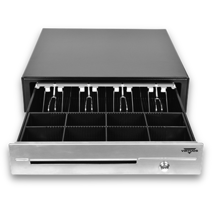 Pokladní zásuvka C430D - s kabelem, kovové držáky, nerez panel, 9-24V, černá