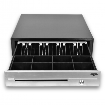 Pokladní zásuvka C430D - s kabelem, kovové držáky, nerez panel, 9-24V, černá  - 1